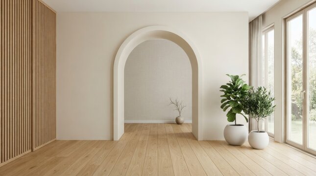 Modern minimalist interior with an arched doorway and wooden flooring