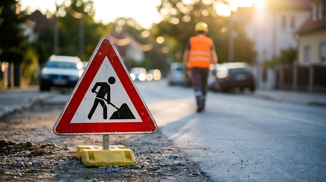Road construction warning sign on a street with a worker in the background, illustrating roadwork, traffic safety and infrastructure maintenance.