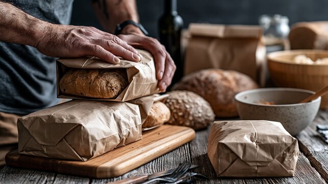 Man package fresh baked whole grain bread loaves in rustic environment