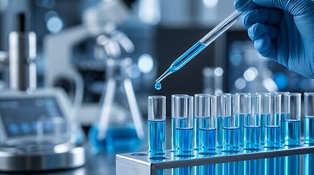 Scientist in blue gloves using a pipette to add liquid into test tubes in a laboratory, illustrating scientific research, chemistry and medical experiment.
