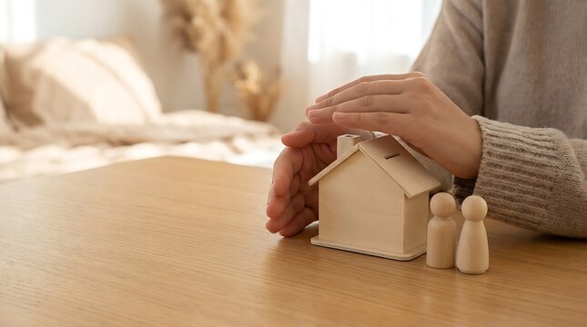 Hand protecting a miniature wooden house and family figures on a table, symbolizing home insurance, family protection and real estate security.