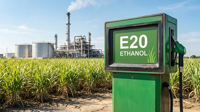Green E20 ethanol fuel pump standing in front of a sugarcane field and industrial refinery, representing renewable biofuel production and sustainable energy.