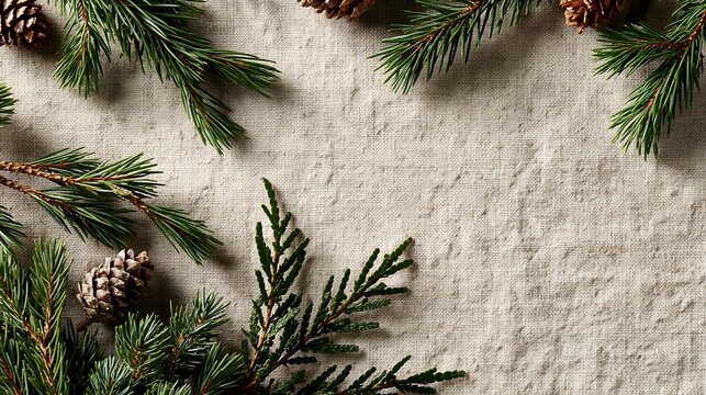 Natural Winter Evergreen Frame with Pinecones on Textured Fabric Surface