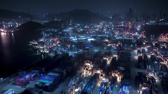 Unloading large cargo containers seaport. Loading freight sea port. Top aerial drone view. Lot big boxes rows, ship delivery ocean harbor. Shipping night. Goods export import. Industrial Marine dock.