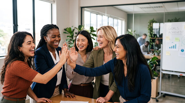 Diverse women celebrating a successful business milestone in a startup office environment, teamwork, entrepreneurship, success, leadership, International Women's Equality Day