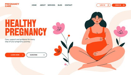 Obraz premium Pregnancy banner. Maternity landing page template, expecting mother, pregnant woman character, motherhood planning and prenatal care web design concept. Vector illustration