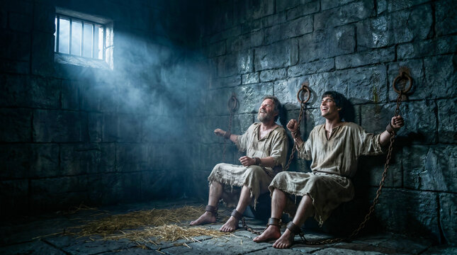 Apostles Paul and Silas praying and singing hymns in a dark, grimy prison cell just before a miraculous earthquake strikes
