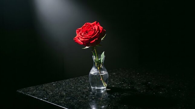 Single red rose in a glass vase on a dark background. Elegant floral display for romantic or decorative themes.