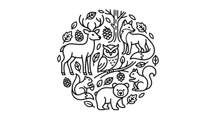 Modern Black and White Line Art of Forest Wildlife and Nature Elements in Circular Composition with high quality professional line art symbols for modern creative design and digital branding projects © TEGAR
