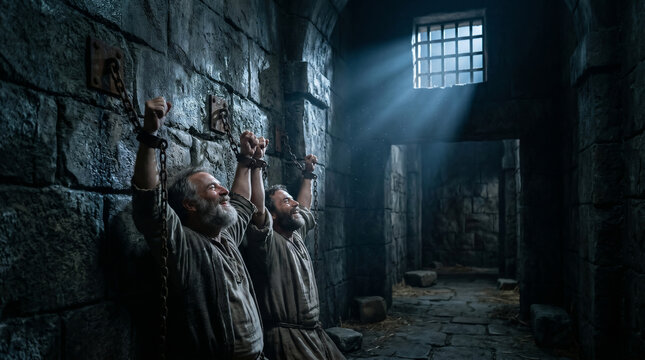 Apostles Paul and Silas praying and singing hymns in a dark, grimy prison cell just before a miraculous earthquake strikes