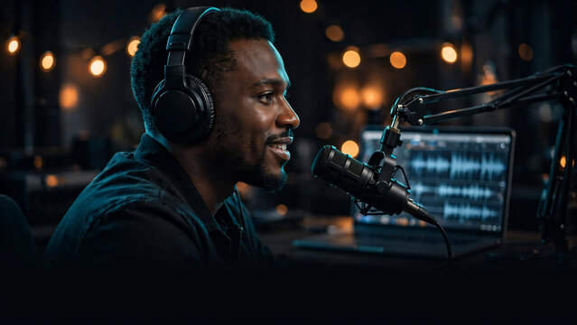 Young man with headphones speaking into professional microphone in a dark studio with bokeh lights, concept for podcasting, radio hosting and streaming
