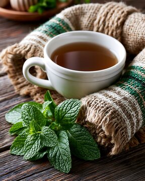 Warm Herbal Tea with Fresh Mint Leaves and Cozy Blanket on Wood Table