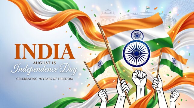 India Independence Day celebration, hands raised holding national flags, patriotic holiday background with tricolor ribbons