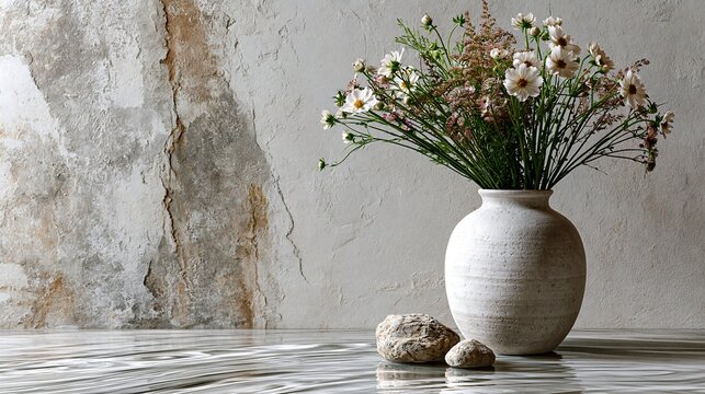 Still Life with Wildflowers in Rustic Vase and Natural Stone Background