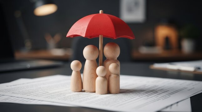 A family of wooden figures under a red umbrella representing life insurance and financial planning.