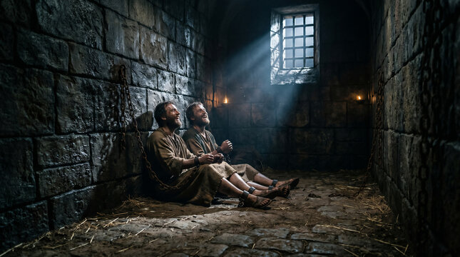 Apostles Paul and Silas praying and singing hymns in a dark, grimy prison cell just before a miraculous earthquake strikes
