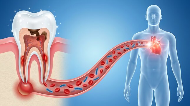 Dental infection spreading bacteria through bloodstream to human heart causing inflammation and health issues.