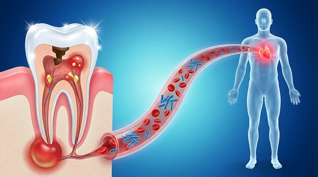 Close up of unhealthy tooth with deep decay and abscess spreading infection via bloodstream towards human cardiovascular system.