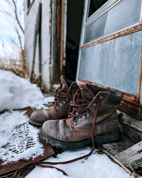 Rustic Winter Boots on Snow Near an Abandoned Building Entrance