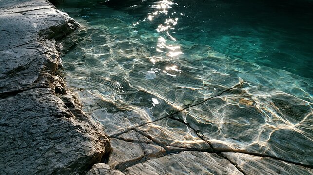 Sunlit Ripples on Clear Blue Water with Textured Rock Shoreline