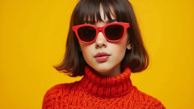 Portrait of a fashionable young woman with a bob haircut wearing red sunglasses and a red turtleneck sweater, standing confidently against a vibrant yellow background.