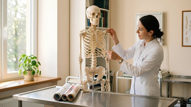 Professional female doctor in white coat pointing at human skeleton model in medical office, explaining anatomy to patient, educational healthcare concept, clinical environment with anatomical posters