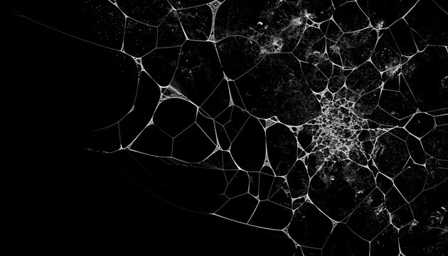 Realistic spider web overlay on black background, detailed cobweb texture with white silk threads for Halloween design, horror poster, spooky decoration or graphic composition.
