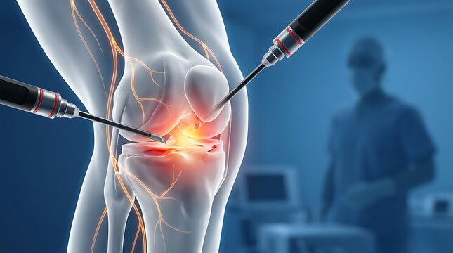 Digital illustration representing knee joint arthroscopy procedure with surgical tools inserted into glowing painful joint area against blurred clinic background for medical educational use.