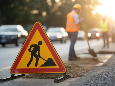 A road worker digging with a shovel near a warning sign. Public works theme.
