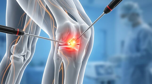 Advanced medical visualization of knee joint undergoing arthroscopy surgery with tools targeting inflamed area in leg model on blurred hospital background for clinical information.