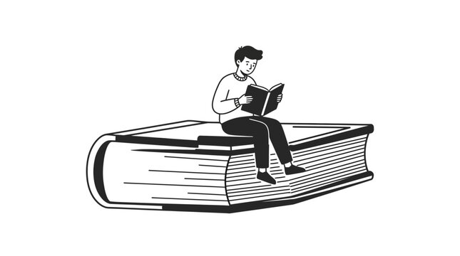 A young boy sitting on a giant book while reading a smaller book.