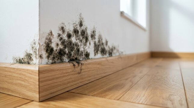 Damage from black mold infestation on a wall near wooden baseboard and flooring.