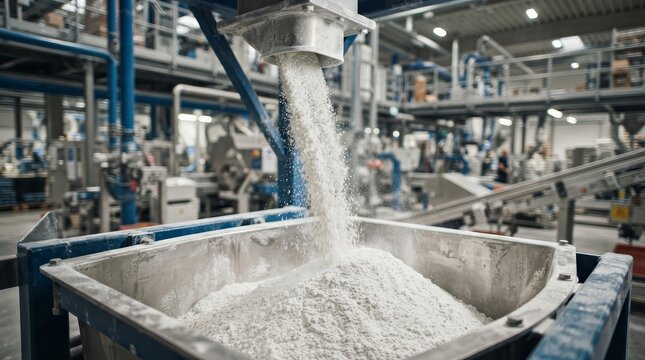 Industrial factory processing plant where white powder is falling into a large container.