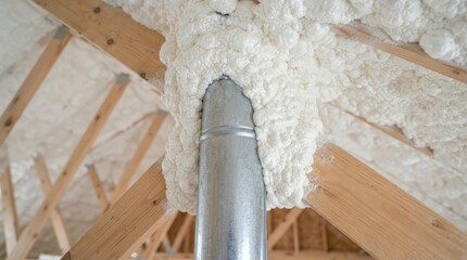 Obraz premium Metallic ventilation pipe installed in an attic with spray foam insulation on wooden rafters.