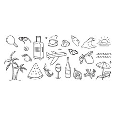 Obraz premium Mediterranean Summer Vacation Hand Drawn Vector Illustration Set with Mixed Media Collage, Watercolor Lemons, Palm Trees and Doodle Sketch Elements