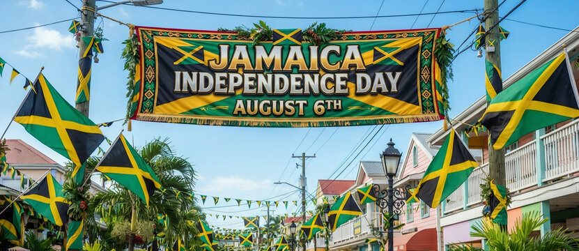 Jamaica Independence Day August 6th street banner decoration with flags and palm trees