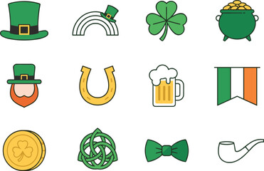 Obraz premium Saint Patricks Day Line Art Icon Set with Minimalist Green Hat Leprechaun Rainbow Flag and Shamrock Clover Vector Graphic Elements