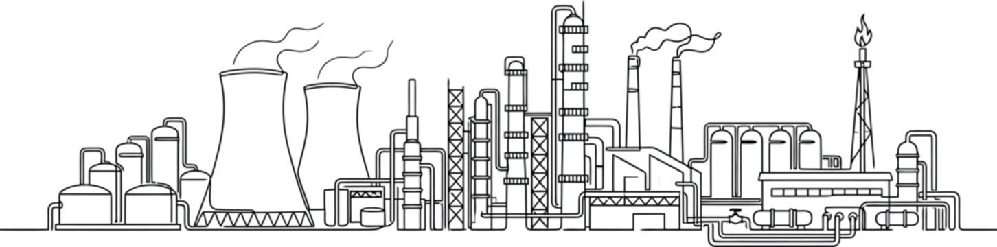 Continuous line drawing of an industrial factory complex with cooling towers, oil refinery pipes, storage tanks, and smoke stacks on a white background.
