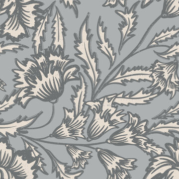 Vintage Floral Botanical Seamless Pattern in Arts and Crafts Style sage blue ivory traditional damask.  Antique woodcut fabric design, ornate textile ethnic motif 