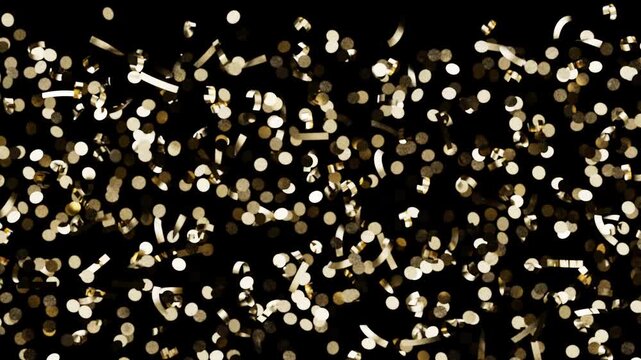 Gold confetti pieces falling downward, metallic paper scraps drift and rotate while descending, creating a festive party environment