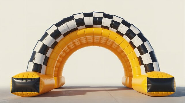 Inflatable yellow arch with black checkered racing pattern used as outdoor event marker or finish line structure for competition