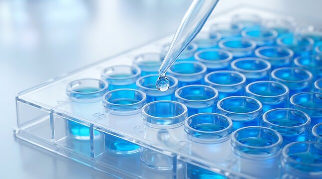 Close up shot of a pipette dispensing liquid into well plate for scientific research and laboratory analysis with clear blue liquid samples.
