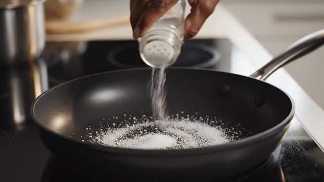 Person Pouring Salt Into Frying Pan During Cooking - A close-up shot shows a hand holding a salt shaker and pouring white salt crystals into a black frying pan on a stovetop.