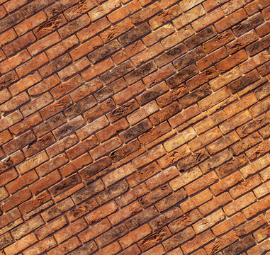 Red brick wall texture background weathered aged diagonal pattern