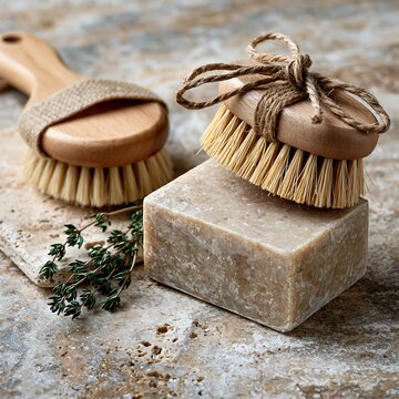 Natural Body Care: Handmade Soap, Brushes, and Fresh Thyme on Tile