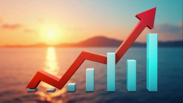 Bar graph and downward arrow animation over coastal landscape background.