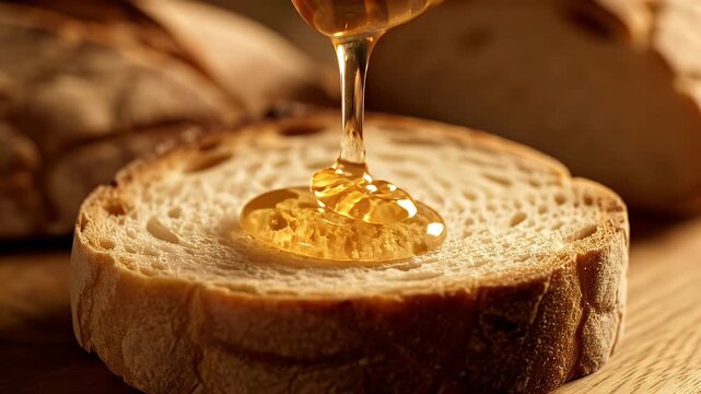 Close-up of Sliced Bread with Honey Drizzle - Golden honey is slowly drizzled onto a rustic slice of bread, highlighting its texture and creating a delicious visual.