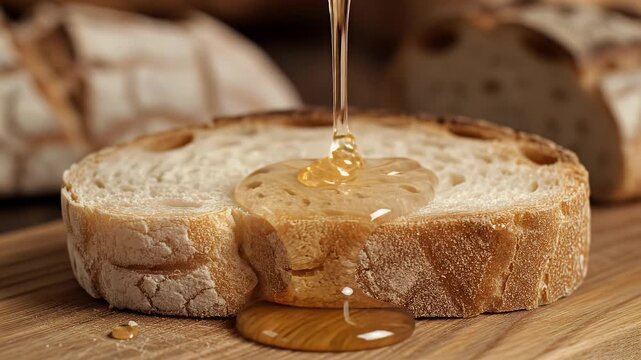 Delicious Bread with Honey Drizzle Close-up - A close-up shot shows thick, golden honey being drizzled onto a slice of crusty bread.