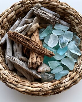 Coastal Treasures in Woven Basket with Driftwood and Sea Glass, Top View