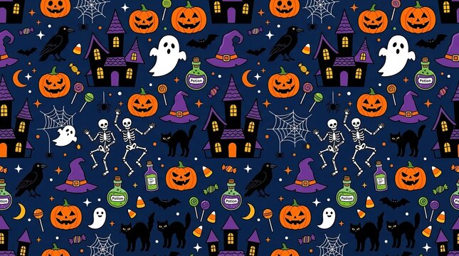 Seamless pattern background featuring cute cartoon halloween elements like pumpkins ghosts skeletons and haunted houses on dark blue